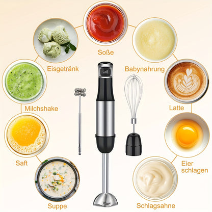 Liquidificador de Imersão Portátil 6 em 1 - Liquidificador em Aço Inoxidável com 5 Velocidades, Processador, Batedor e Espumador de Leite para Carnes, Puré de Batata e Papinhas de Bebé