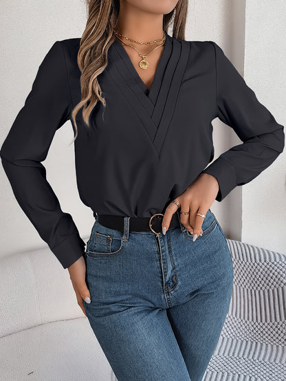 Women'S Elegant V-Neck Long Sleeve Shirt, Solid Color Polyester Blouse with Triple V-Cut, 95% Polyester 5% Elastane, Woven Fabric, 120g/m², for Spring/Summer/Fall - Adult
