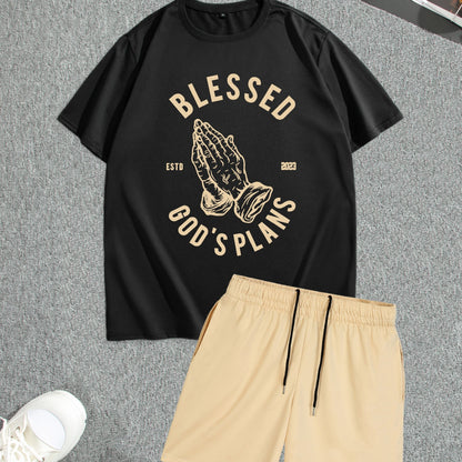 Men's Street Style Summer 2PCS Outfits, Male's Trend TRUST Graphic Short-sleeve Crew Neck T-shirt Drawstring Shorts Set, Casual Clothes For Men
