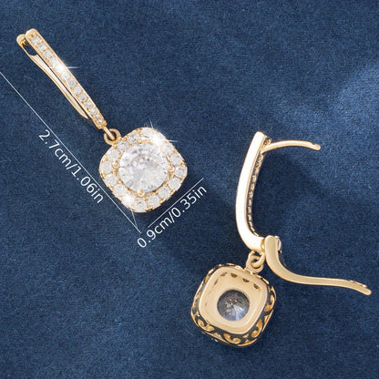Brincos pendentes de luxo com decoração quadrada de zircónias brilhantes, banhados a ouro 14K e em cobre. Uma joia requintada para presente feminino.