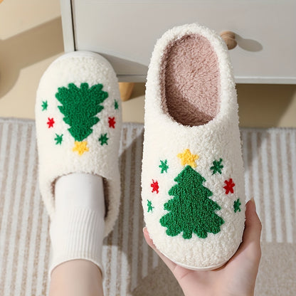 Christmas Tree Pattern Fuzzy Slippers, Winter Warm Closed Toe Flat Floor Shoes, Cozy Soft Sole Plush Home Slippers