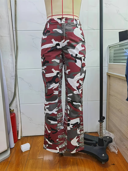 Calças de ganga cargo direitas de cintura subida com estampado camuflado, tecido médio elástico, bolso lateral com pala, cintura subida, calças de ganga femininas e roupa.
