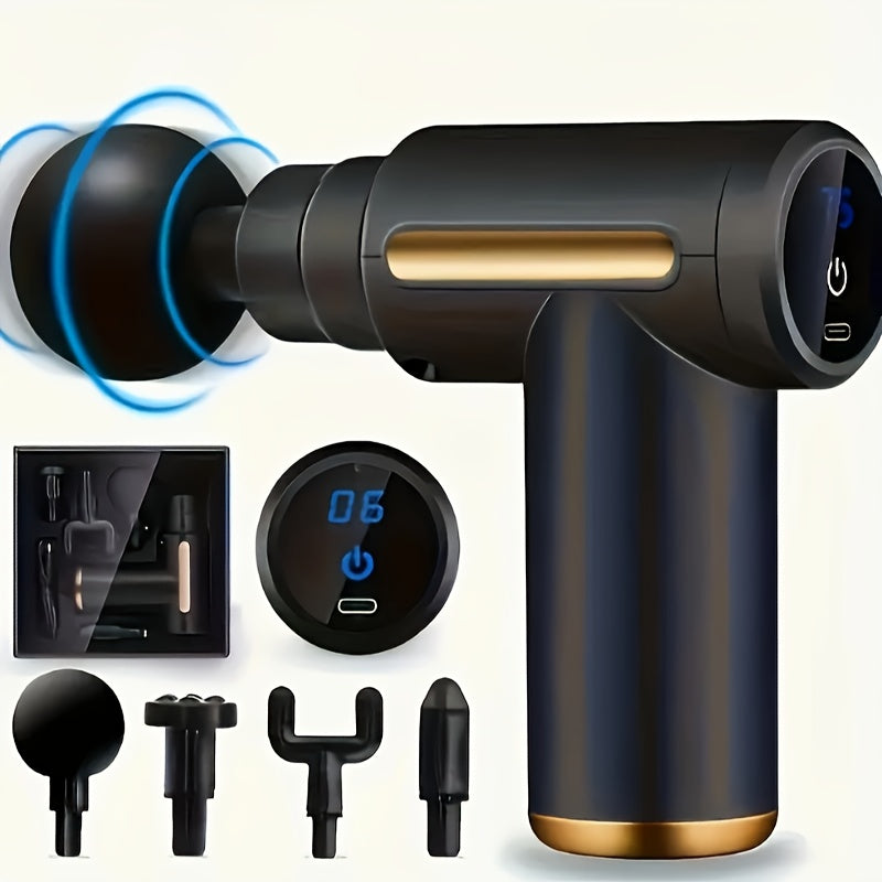 O massajador portátil vem com quatro cabeças de massagem intercambiáveis, tem um ecrã LED, pode ser carregado via USB, opera com uma voltagem de ≤36V, é alimentado por uma bateria de lítio 18650 e foi concebido para uma utilização multifuncional.