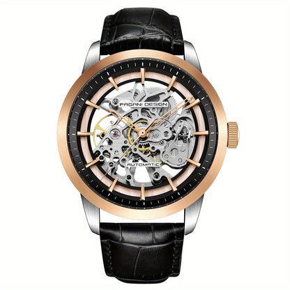 Pagani Design 2023 Men's Automatic Skeleton Watch, Self-Winding, Stainless Steel, Leather Strap, Pointer Series, Water Resistant To 100 Meters Sports Leather Watch