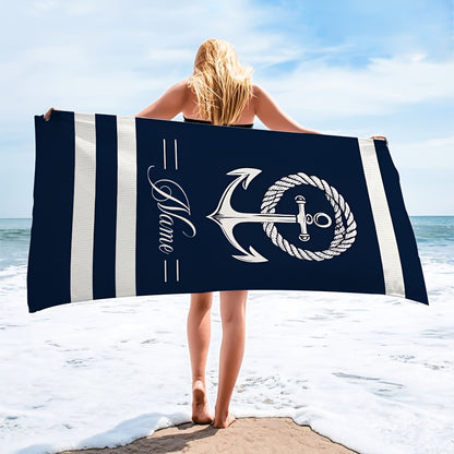 1pc Customizable Nautical Anchor Stripe Microfiber Beach Towel, Quick-Dry Soft Absorbent Knit Fabric, Machine Washable, Coastal Theme for Surfing Swimming Camping, 250gsm Polyester, Beach Essentials|Nautical Design|Quickdry M