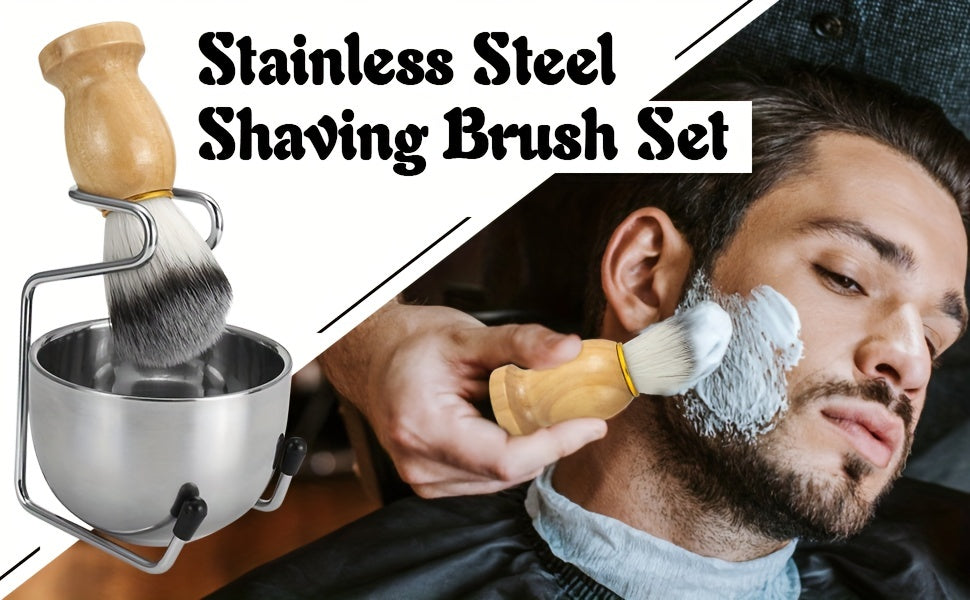 Kit de barbear para homem com pincel, suporte, taça em aço inoxidável e escova facial macia.