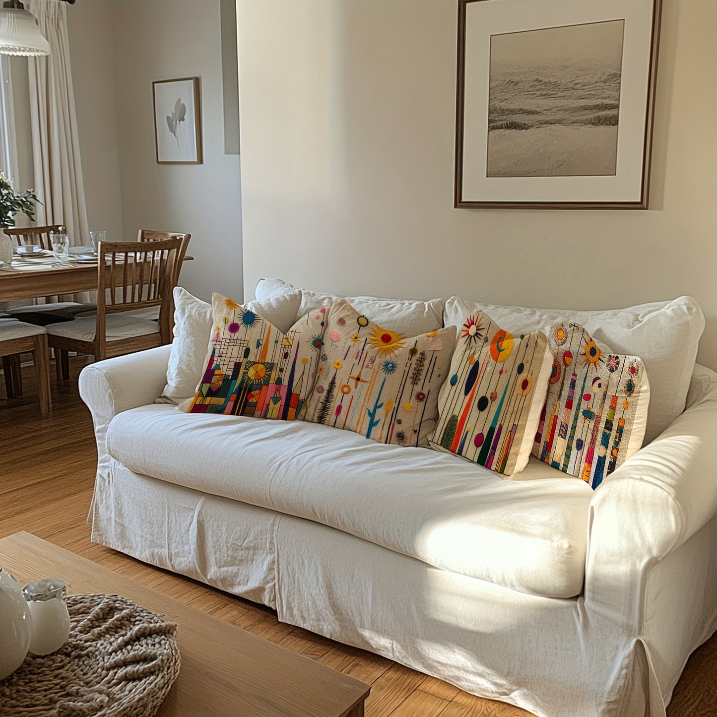 2D printing, 4pcs, abstract pillow set, with beige as the base, presenting elements such as sun and geometric shapes, full of artistic sense, non real embroidery. 45.72 * 45.72 cm, home decoration, suitable for sofas, living