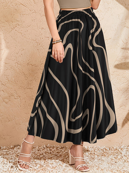 Women's Elegant Midi Skirt with Elastic Waistband - Black & Beige Geometric Print A-Line Skirt, 120g Fabric for Casual, Office & Vacation Wear - Machine Washable, Comfortable Fit