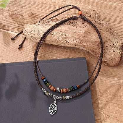 Women's PU Leaf Wooden Bead Necklace Party Ornament Jewelry Gift