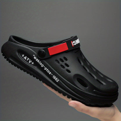 Tamancos modernos para homem com sola grossa em EVA e estampado de alfabeto - Modelo slip-on, respiráveis, ideais para jardinagem, com tira amarela segura e palmilha estampada com a inscrição "SMN WALKING PROS" para maior conforto ao ar livre.