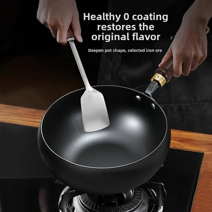 LDQ 1pc Cast Iron Pan Splash Resistant Design Rust Proof Durable Construction Even Heat Distribution Healthy Cooking Essential for Indoor Outdoor Use Oven Safe Wooden Handle Pans for Cooking Indoor Kitchenware Perfect Gifts f