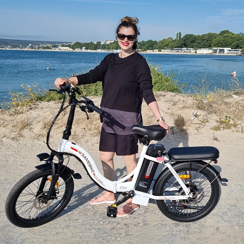 CY20 20" Foldable Step-Through Electric Bike for Adults - Lightweight Portable City Commuter E-Bike with 36V Removable Battery, 250W Motor & 15 MPH Speed, Front Suspension, Disc Brakes, Alloy Steel Frame, White - Dual-Power (