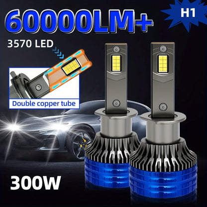 2pcs H4 H7 Car Bulb LED Headlights With 300W High Power 60000LM, Compatible with Canbus And Various Models Including  H1, H11 H8 H9, HB3 9005, HB4 9006, 12V 24V, Featuring Turbo Lamp at 6000K for Vehicles, Without Battery