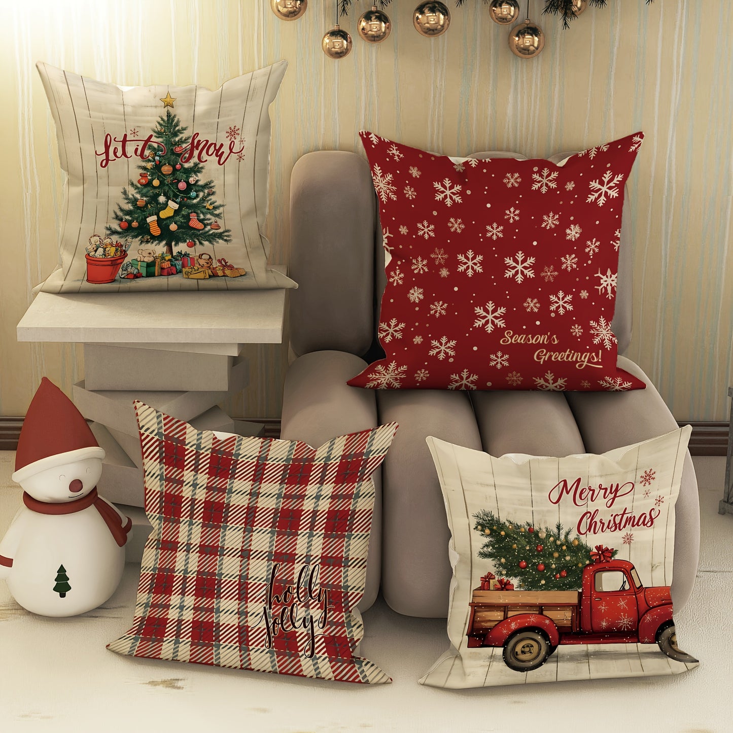 4pcs Set, Christmas Tree Snowflake Truck Buffalo Plaid Pillow Covers, Farmhouse Rustic Red Green Cozy Soft Decorative Pillowcases, Single-Sided Print, Christmas Winter Living Room Bedroom Sofa Bed Decor, No Insert