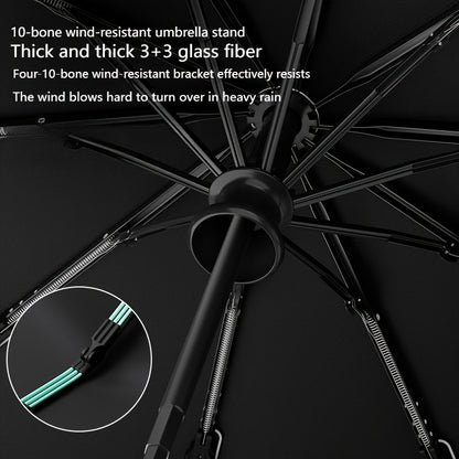 10 bone 3+3 glass fiber bone automatic folding umbrella, enlarged and thickened black rubber sunscreen coating, reinforced protective aluminum alloy skeleton, simple solid color design, unisex business sunshade dual-use umbre