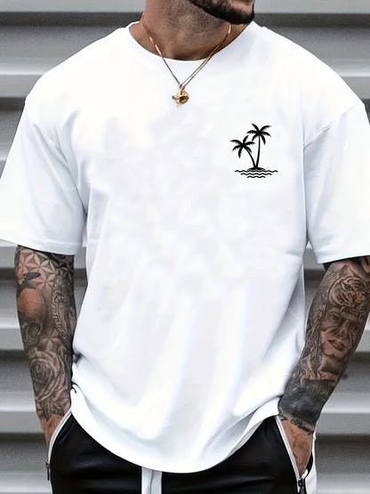 Sketch Style Palm Tree Pattern Top Casual Mid Stretch Short Sleeve Crew Neck Graphic T-shirt, Men's Tee For Summer Outdoor