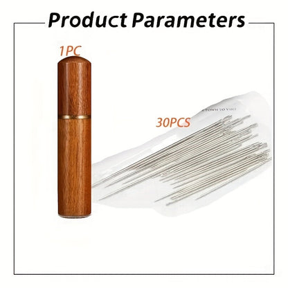 Self threading needle set, various sizes, wooden storage tube, easy insertion for the elderly, hand sewing, bed sheets, clothes and embroidery