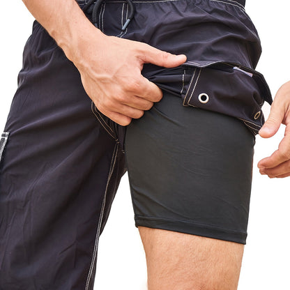 Men's Quick-Dry Swim Shorts with Adjustable Drawstring Waist & Pockets - Sporty Solid Black Beach Shorts for Swimming, Surfing, Water Sports - Machine Washable Regular Fit, Swimming Gear | Sleek Construction
