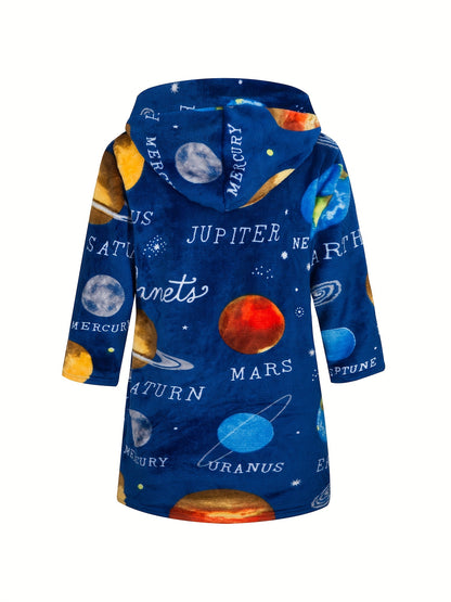 Kids Flannel Bathrobes Boys Hoodie Robes Soft Astronaut Planet Print Sleepwear Kids Clothes