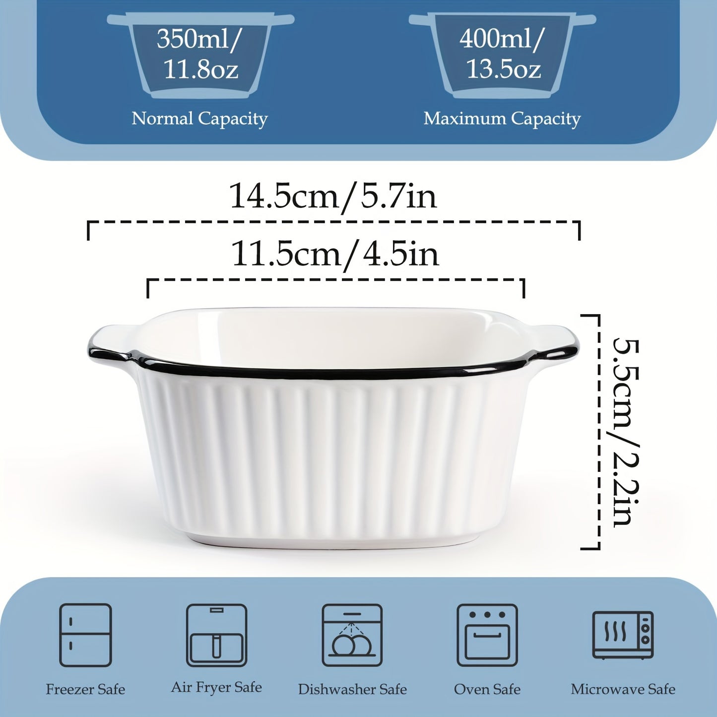 4pcs, 13oz ceramic baking dishes, black-rimmed square baking dishes, small baking dishes suitable for air fryers, ceramic bakeware with handles, oven-safe, microwave-safe, dishwasher-safe. Kitchen supplies. Dessert bowls. Fru