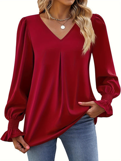 Solid V Neck Simple Blouse, Elegant Long Sleeve Ruched Blouse, Women's Clothing