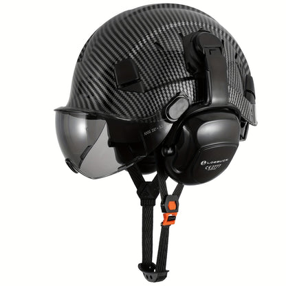 1 Set LOEBUCK Safety Helmet With Visor And Earmuffs, Logging Chainsaw Helmet, Carbon Fiber Patterned Safety Helmet For Lawn Mowing, Black Graphite Pattern, With Smoked Mask And Earmuffs