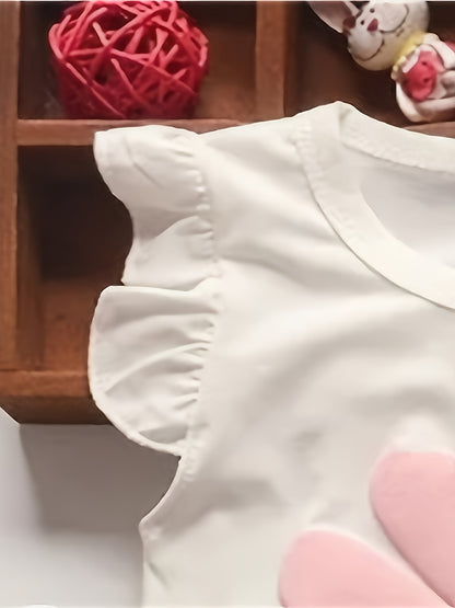 Girl's Summer Cotton Two-piece Set, Baby Girl Sunflower Print Short Sleeve Ruffled Top & Shorts Outdoor Wear Outdoor Clothing