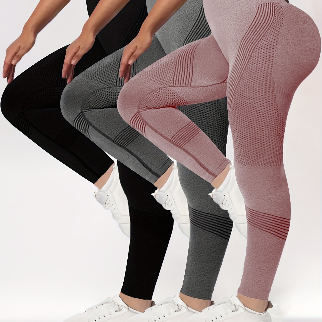 3 Packs Plus Size Simple Skinny Leggings, Casual High Waist Stretchy Leggings For Spring & Summer, Women's Plus Size Clothing