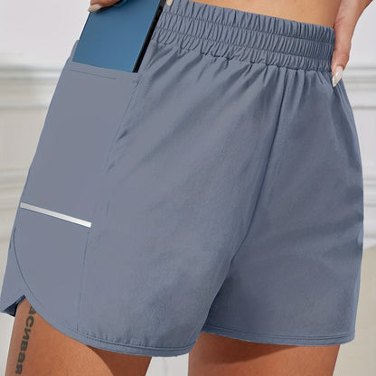 Women's Sports Shorts With Phone Pocket, Elastic Waist Quick Drying Running Shorts, Women's Activewear