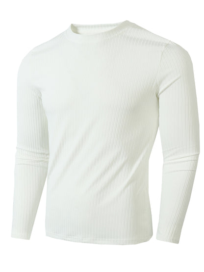 Ribbed Men's Casual Stretch Breathable Lightweight Long Sleeve Round Neck T-shirt For Spring Fall, Running Training