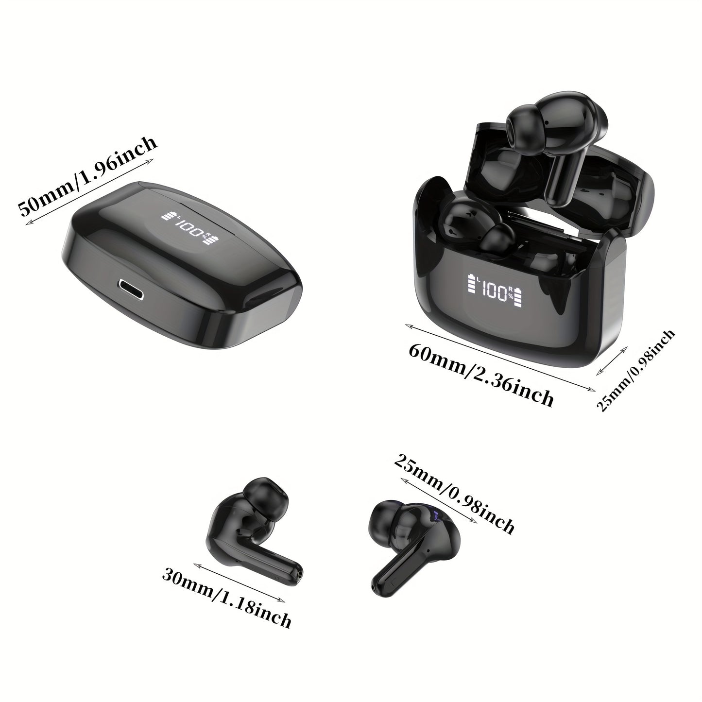 2025 New Wireless Earbuds with 40H Bass, ENC Noise Cancelling, 5.3 Headset, 4 HD Microphones, USB-C LED Display, for Android & iOS, Open-Back Design, Condenser Microphones, Non-Waterproof, Ideal for Gaming, Skateboarding, Sno