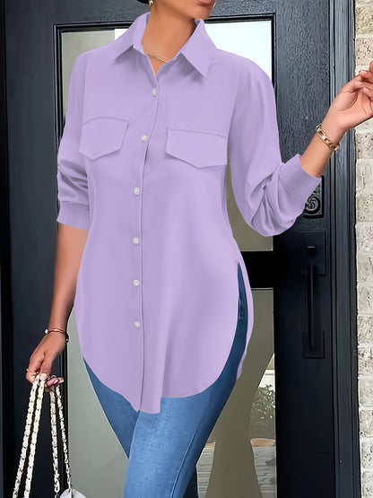 Plus Size Curved Hem Blouse, Casual Button Front Collared Blouse For Spring, Women's Plus Size Clothing