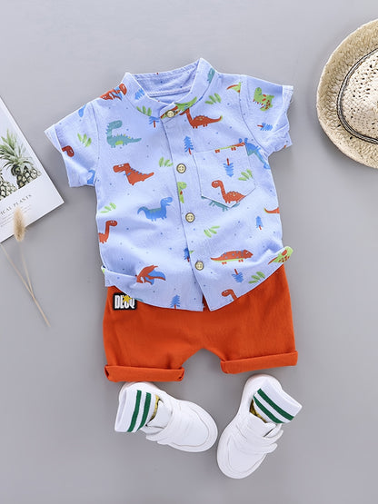 2pcs Baby Boys Dinosaur Print Button Short Sleeve Shirt Top & Elastic Waist Shorts Set Toddler Summer Clothes For Daily & Outdoor Wear