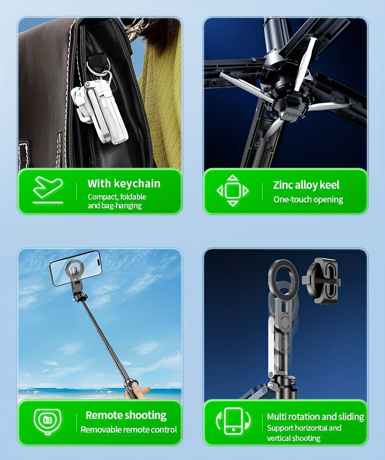 4-in-1 Multi-function Selfie Stick with Bluetooth Remote Control | Magnetic, Cell Phone Clip Dual Combination, 360° Rotation + 220° Flip Adjustment | Detachable Tripod/Cell Phone Holder | Portable Folding Compatible with 4.