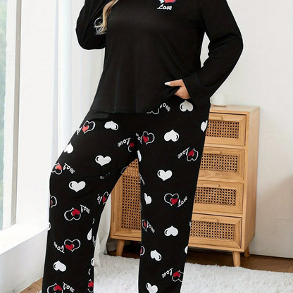 Autumn And Winter Large Size Black Crew Neck Cartoon Small Love Two-Color English Pattern Print Casual And Comfortable Sister Two-Piece Pajama Set