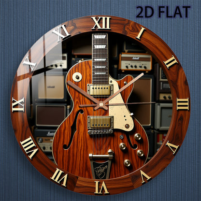 12-Inch Silent Quartz Wall Clock with Electric Guitar Design – Brown Wood Texture, Metal Components, Battery Operated (AA Not Included) – Perfect for Bedroom, Kitchen, Study, or Garage Decor, Clock Wall Decor
