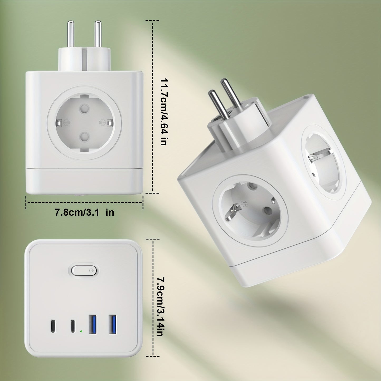5-in-1 Portable Power Socket Adapter - 4000W Large Capacity, Compact Cube Design with 4 USB Ports & 2 AC Outlets, European Plug, On/Off Switch for Home & Office Appliances, White, Power Adapter for Electronics, Versatile Char