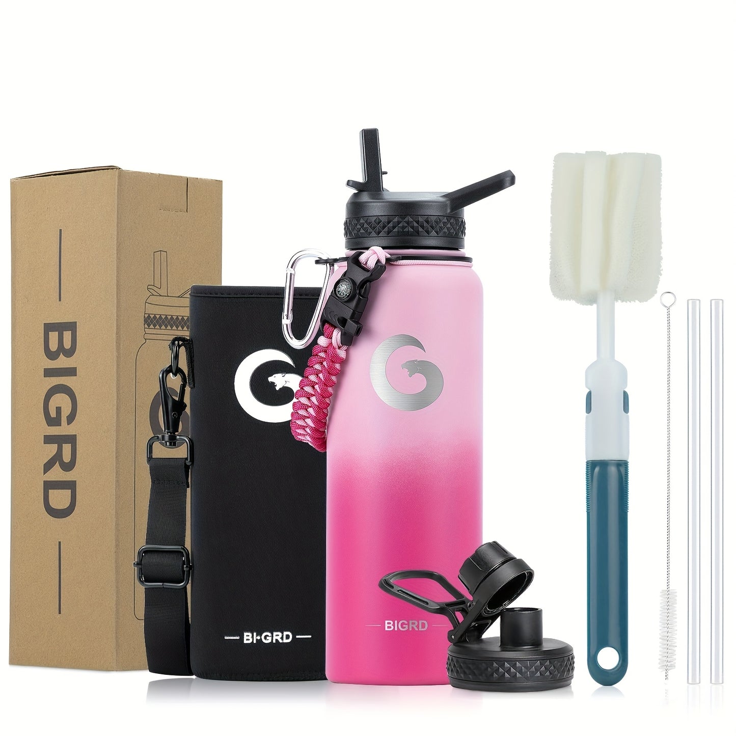 1pc BIGRD 40Oz 64Oz Insulated Water Bottle 304 Stainless Steel Spray Coating Dishwasher Safe, with 2 Lids, Sling Cup Sleeve, Hand-Held Braided Rope, Cup Brush, 2 Straws And Straw Brush, Color Box Packaging