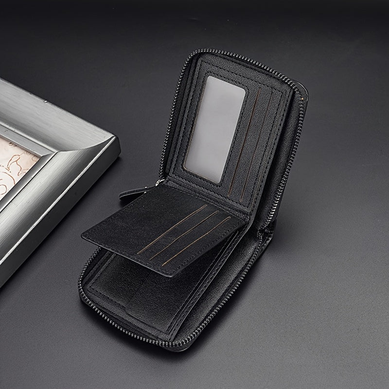 Luxury PU Leather Men's Wallet with RFID Blocking Technology, Zipper Closure & Multi-Compartment Design - Brown/Tan Crocodile Texture, Golden-Tone Hardware, Coin Pocket & Card Holder - Elegant Gift for Men, Durable Everyday W