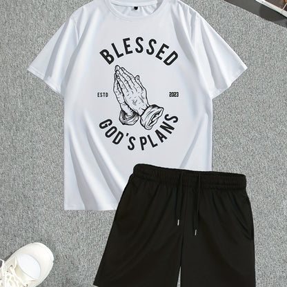 Men's Street Style Summer 2PCS Outfits, Male's Trend TRUST Graphic Short-sleeve Crew Neck T-shirt Drawstring Shorts Set, Casual Clothes For Men