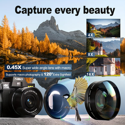 NBD 48MP Digital Cameras for Photography with WiFi & App Control, 4K Autofocus Vlogging Camera for YouTube with 16X Zoom, Anti-Shake, 32GB TF Card, Dual Batteries, 52mm Wide Angle & Macro Lens