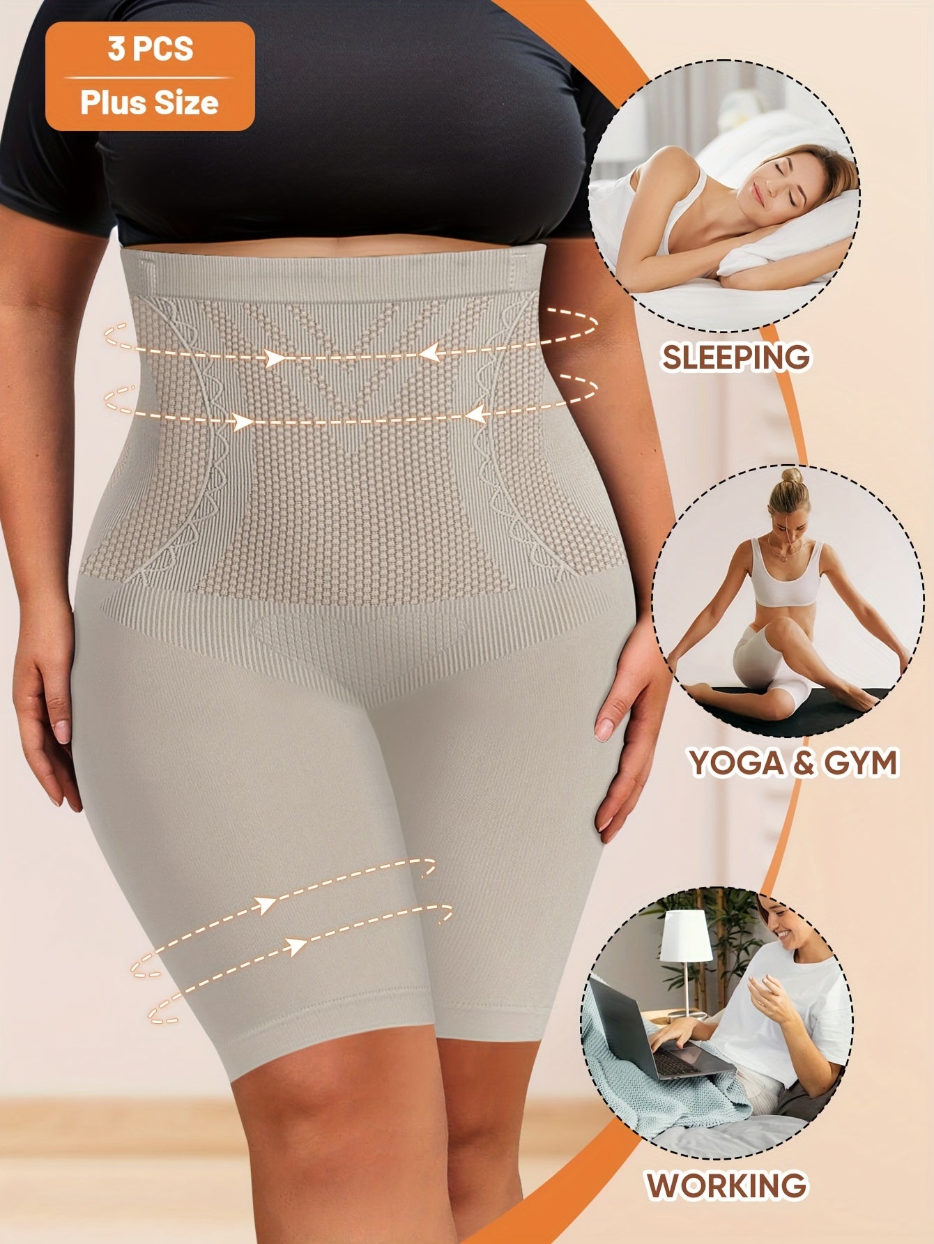 3pcs Women'S Plus Size Shapewear Leggings High Waist Body Shaper Tummy Control Seamless Solid Color No Padding Support