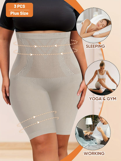 3pcs Women'S Plus Size Shapewear Leggings High Waist Body Shaper Tummy Control Seamless Solid Color No Padding Support