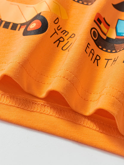 T-shirt de manga curta para criança em algodão com estampa de escavadora de desenho animado, respirável e moderna para o verão.