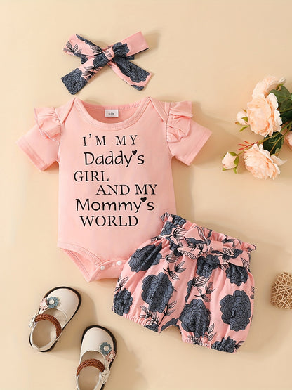 3pcs Short Sleeve & Shorts Set for Newborns - "I'm Daddy's Girl" Letter Print Pants and Headband, Mommy's World Alphabet Kids' Outfit, Perfect for Outdoor