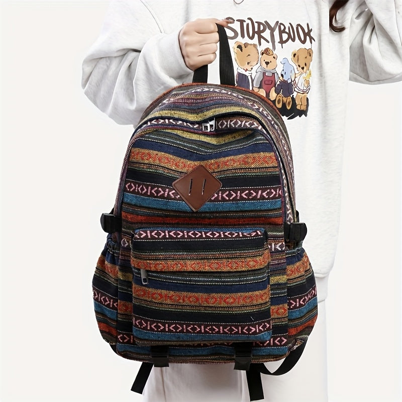 2025 vintage style backpack with adjustable straps, multiple compartments in brown, red, blue, and gray, large capacity travel and vacation backpack, travel backpack