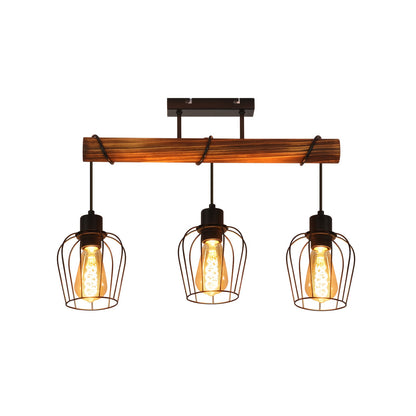 3 Bulbs Wooden Living Room Lamp Black - Socket: E27 - Vintage Ceiling Lamp, Height Adjustable Spotlight Made Of Metal And Wood (Without Bulb)