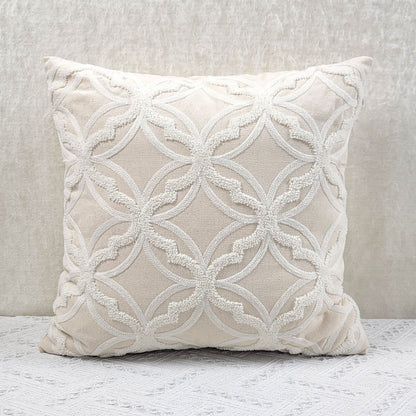 1pc Geometric Pattern Towel Embroidery Cushion Cover, Beige Base Fabric with White Embroidery