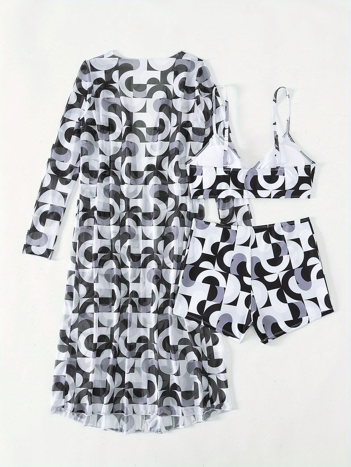 3-piece Geometrical Print Drawstring Bikini Sets, Boxer Short High Rise Bathing Suit, With Long Sleeve Sheer Cover Up Kimono Shirt, Women's Denim & Clothing