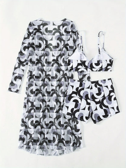 3-piece Geometrical Print Drawstring Bikini Sets, Boxer Short High Rise Bathing Suit, With Long Sleeve Sheer Cover Up Kimono Shirt, Women's Denim & Clothing